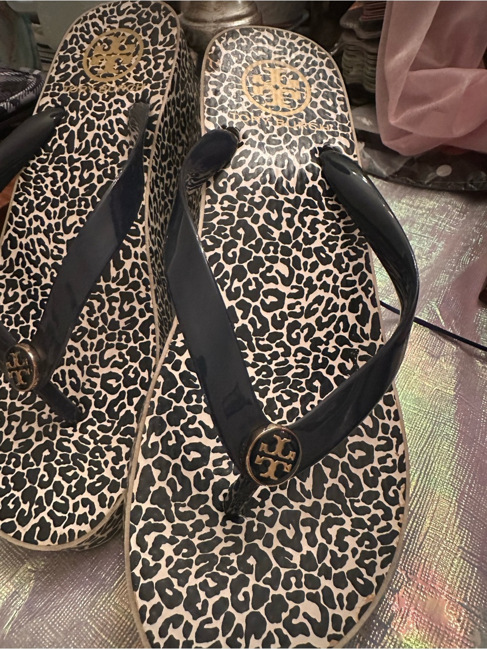 Tory Burch Black Strap Leopard-Print Wedge Sandals